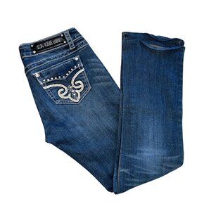 LA Idol Women's Jeans Ultra Low Rise Size 7 30x29 Dark Blue Jewel Pocket Bootcut